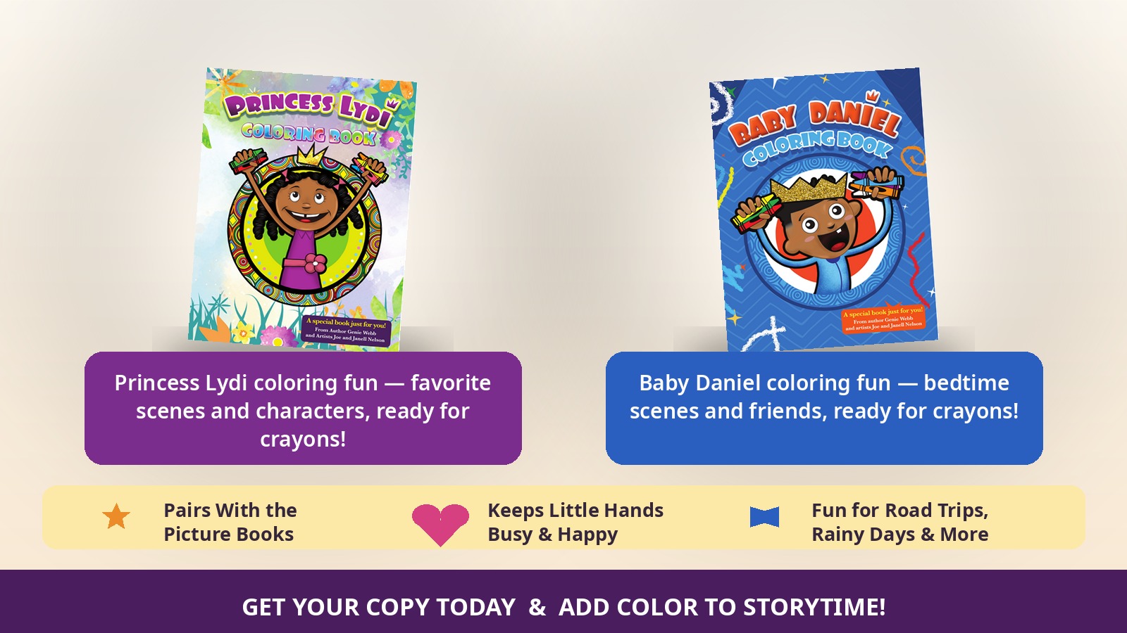 Princess Lydi and Baby Daniel coloring books — affordable activity add-on for bulk children's book orders